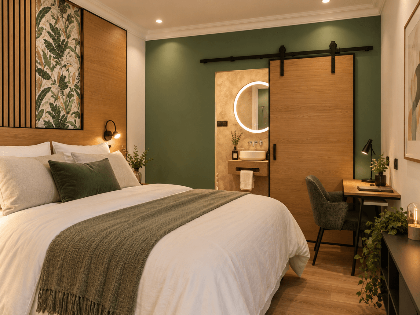 Chambre à coucher moderne avec décoration intérieure et salle de bain ouverte.
