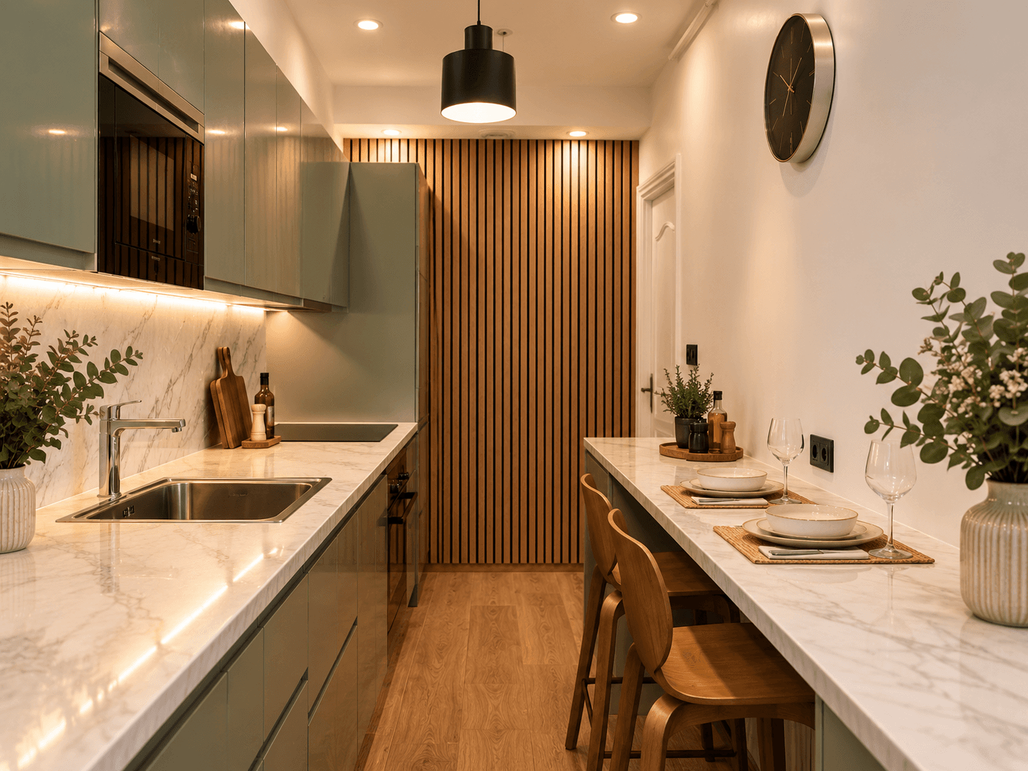 Intérieur avec un miroir décoratif et une console en bois