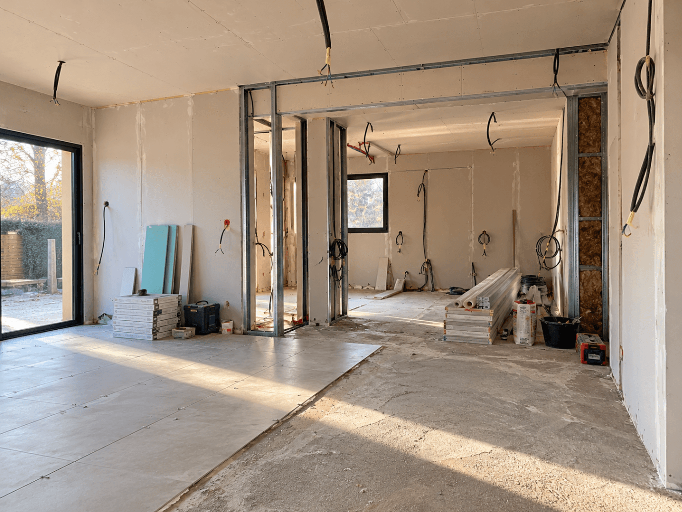 Intérieur d'un chantier de rénovation avec murs en placo et revêtements de sol