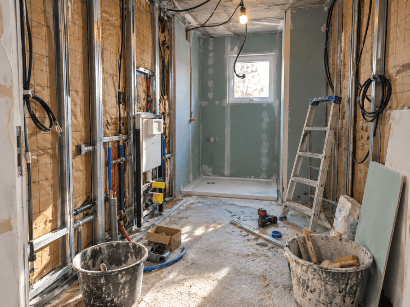 Intérieur d'un chantier de rénovation avec murs en placo et revêtements de sol