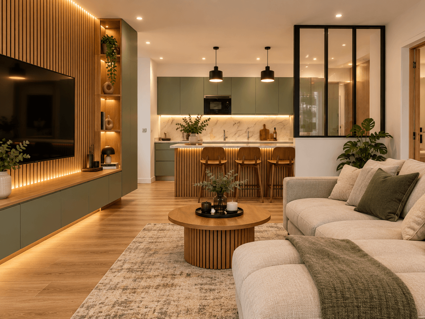 Intérieur d'un salon moderne avec une cuisine ouverte